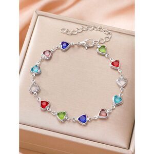 Colorful Heart Cubic Zirconia Bracelet Multi Crystal Silver Tone Adjstble Casual